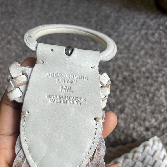 Abercrombie Fitch Wide Waist Belt White Distressed Leather Woven Braided M/L - Picture 4 of 6
